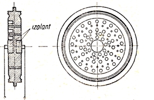 Tvar elektrody, zp�sob uchycen� membr�ny a uspo��d�n� v�vod� mikrofonu Neumann. Membr�na je z pozlacen�ho PVC.
