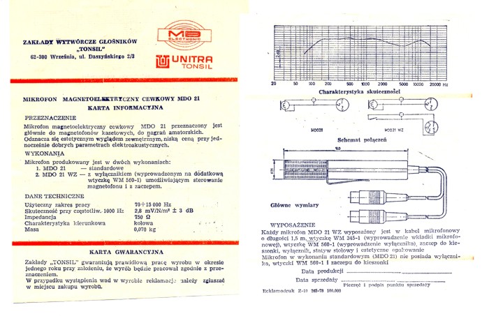 Mikrofon UNITRA TONSIL MDO 21 WZ - p�vodn� n�vod k pou�it�