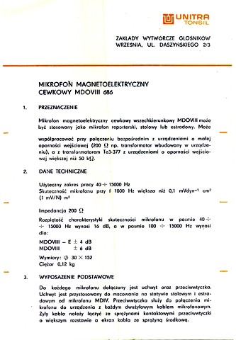 Mikrofon UNITRA MDOVII 686 - n�vod k pou�it�