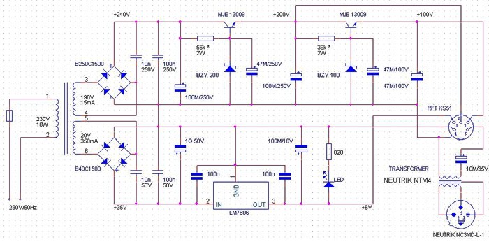 Schéma zapojení zdroje pro měřící mikrofony RFT
